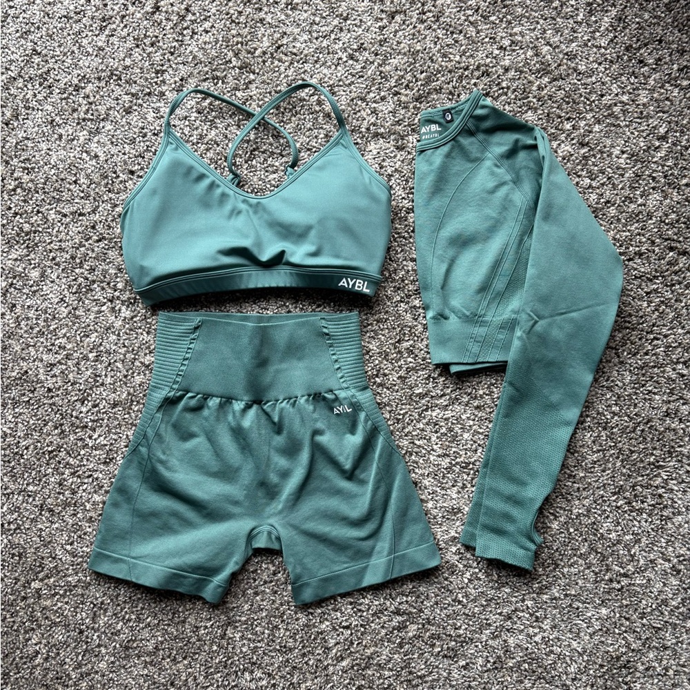 AYBL Women's Teal Workout Set - Sports Bra, Shorts, Long Sleeve Workout Top